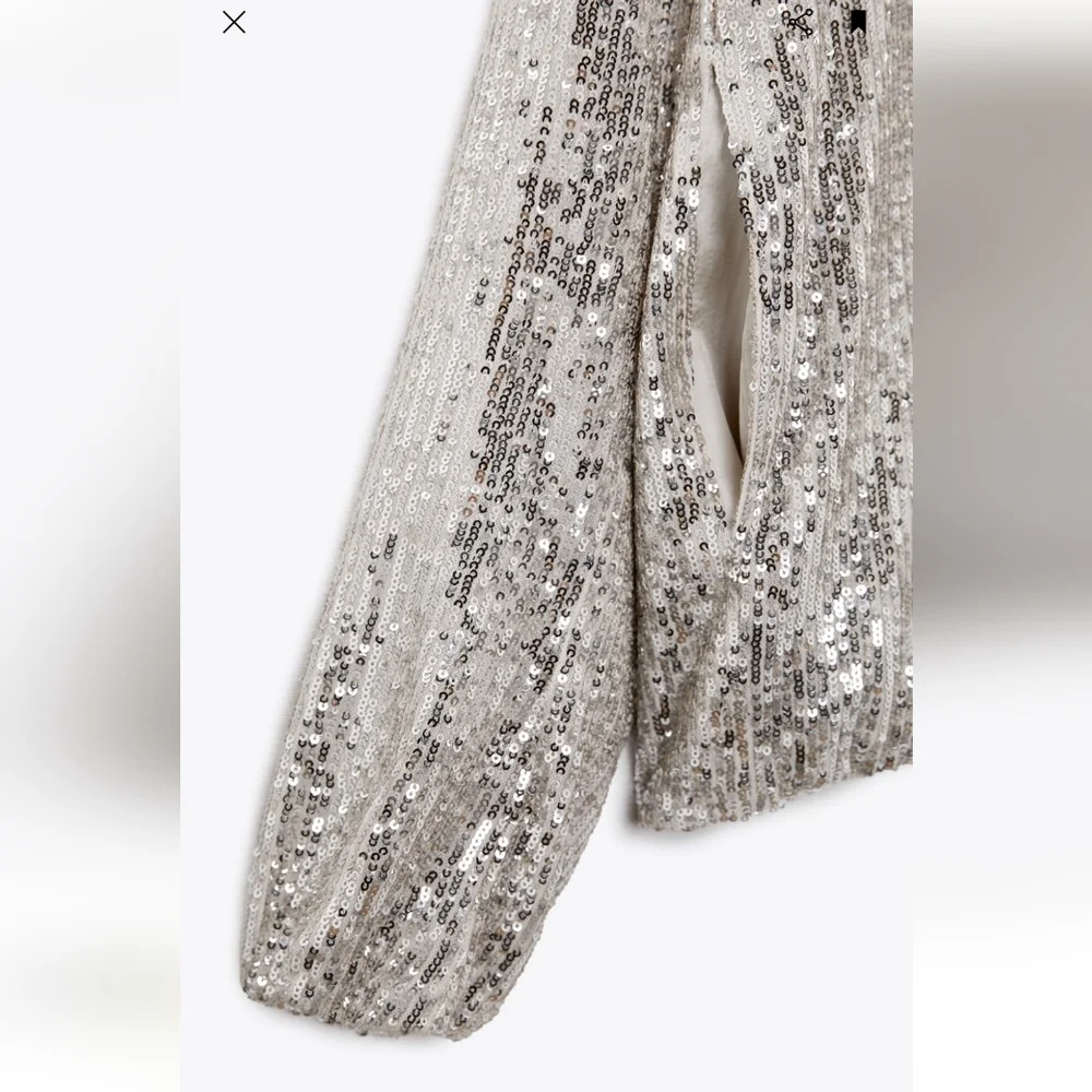 ZARA SEQUINED BOMBER JACKET BEIGE SIZE S_9